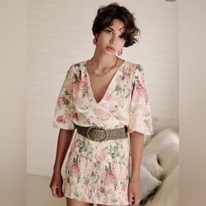 New Sezane Olga Floral V-Neck Mini Dress with Puff Sleeves Linen Blend